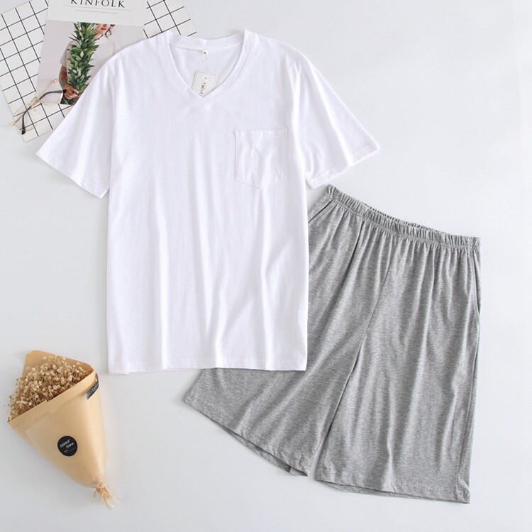 Men's summer pure cotton knitted pajamas cotton thin homewear solid color T-shirt can be worn outside with gauze home shorts - Taobao