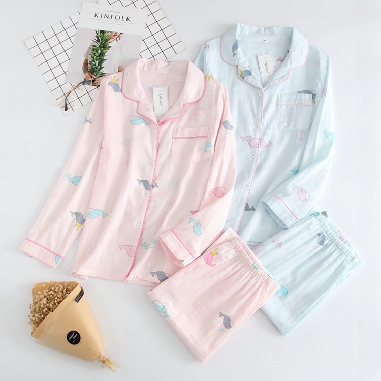 Pajamas women's summer thin cotton gauze home clothes cardigan cotton long-sleeved air-conditioning clothes double-layer gauze home clothes thin