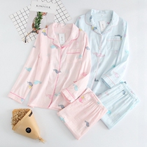 Pajamas womens summer thin cotton gauze home clothes cardigan cotton long-sleeved air conditioning clothes double-layer gauze home clothes thin