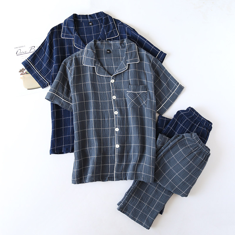 Spring and summer men's pajamas short sleeve trousers home clothesJapanese spring and summer crepe cotton men's home suit two pieces