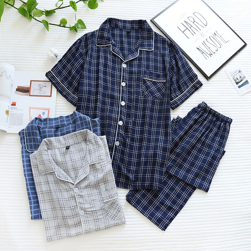 Spring and summer new pajamas men's cotton silk short-sleeved trousers summer thin section home service Japanese plaid home service two-piece set