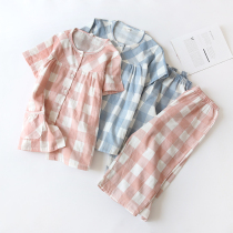 New womens pajamas spring and summer thin section short-sleeved capri pants suit pure cotton gauze plaid home service Japanese casual