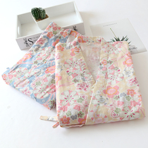 New womens summer cotton three-quarter-sleeved kimono set pajamas Japanese-style womens two-piece suit thin section fresh home service