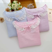 Mùa xuân mới gạc cotton đồ ngủ ren dịch vụ nhà dễ thương mũ trùm đầu bộ đồ ngủ dài tay hai mảnh