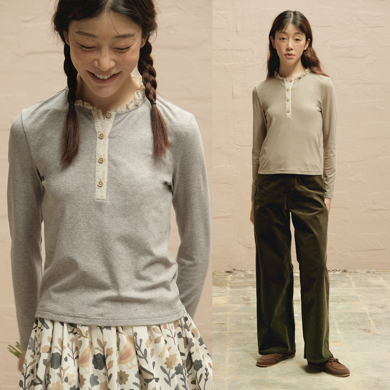 Special Mintcheese "Essential for Spring and Autumn" Exquisite Lace Collar Wool Tencel Base Shirt in Rock Gray/Bean Green