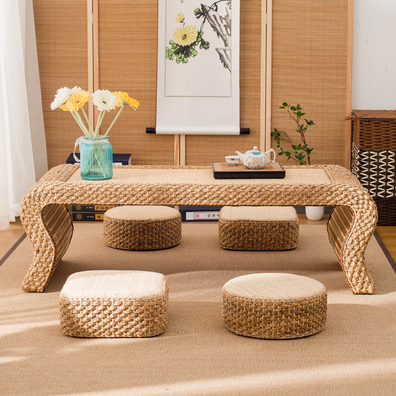 Simple rattan woven tatami tea table table Japanese Zen tea table balcony table Guoxue low table bay window table Kang table