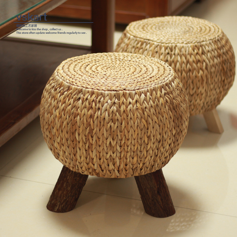 Grass-knitted bench Bench Fields Countryside Dwarf Bench Cane choreography Shoes Stool Sofa Stool stool Stylish Solid Wood Small Round Stool Home