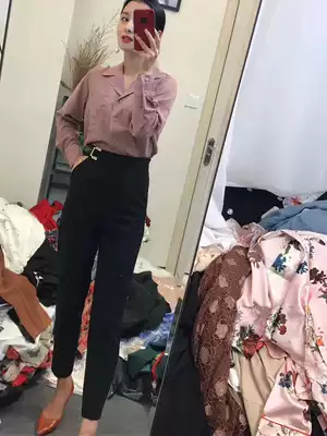 Black high-waisted suit pants, women's straight trousers, thin casual pants, women's cropped pants, harem pants, small feet, ribbed pants, spring