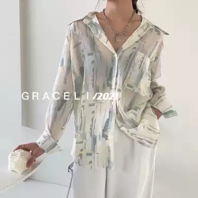 Shirt women's spring retro Hong Kong flavor drooping loose thin long sleeve chiffon shirt wild Western design niche top