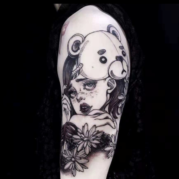 FLOWER arm girl TATTOO D106 Dark girl bear mask girl chrysanthemum rope tattoo sticker 