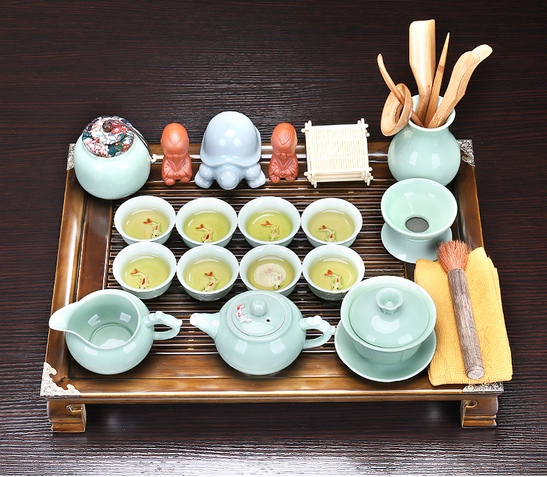 Tang big wooden stainless steel tea tray package ceramic kung fu tea set household contracted tea sets of semi - automatic lazy combination