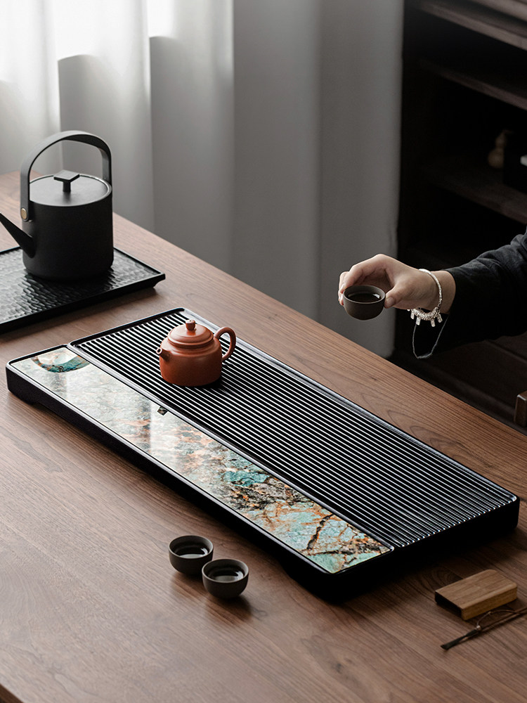 New High-End Bakelite Tea Tray, Light Luxury, Modern and Sophisticated, Wooden Luxury Stone Dry Tea Brewing Table with Drainage for Office Use