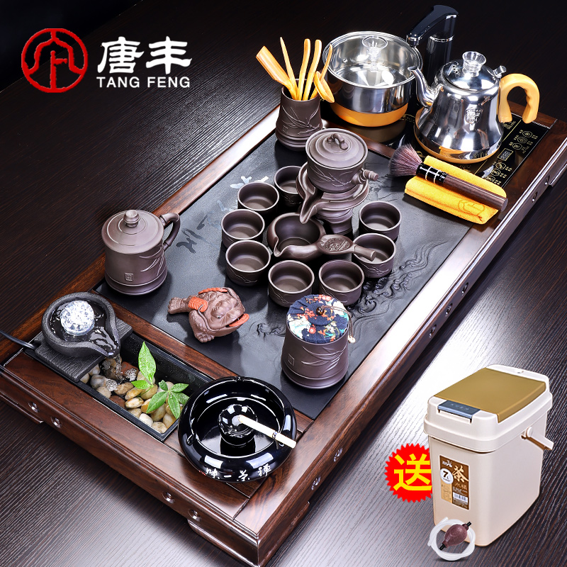 Tang Feng household ebony wood tea tray sets purple sand pottery and porcelain tea water device sharply stone tea Taiwan public