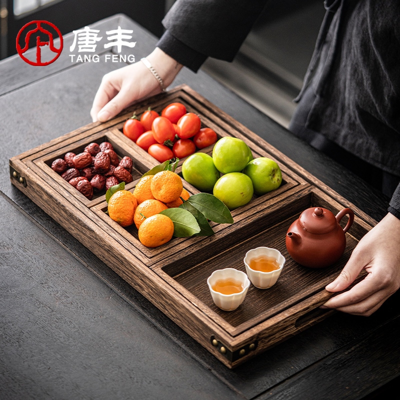Tangfeng Tea-Making Tray with Fruit Plate Accessories, Fruit Snacks, Pastries, Atmosphere-Enhancing Decorations, Solid Wood Tray, Multi-Functional Tea Tray