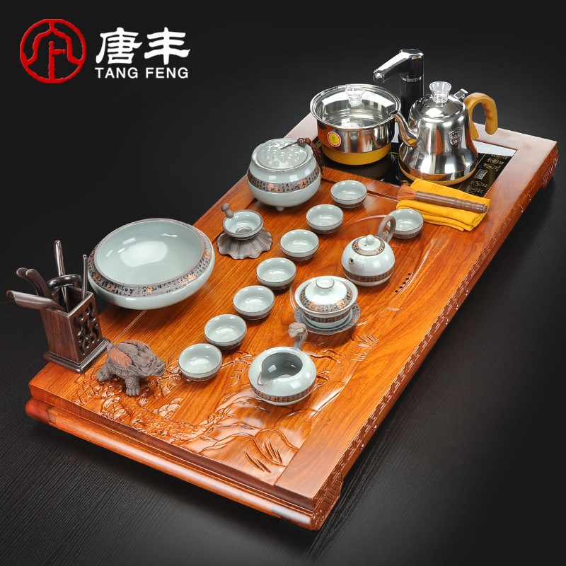 Tang Feng annatto spend pear wood, ceramic kung fu tea sets tea tray was four one tea table of a complete set of electric heating furnace