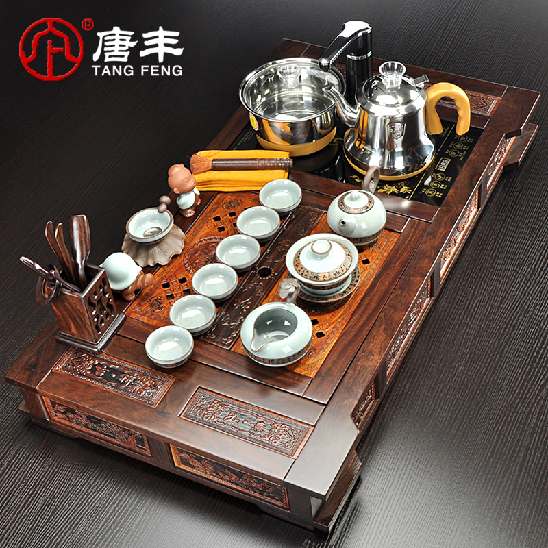 Tang Feng ebony wood tea tray tea set suit household electric tea stove violet arenaceous tureen kung fu four cups of a complete set of unity