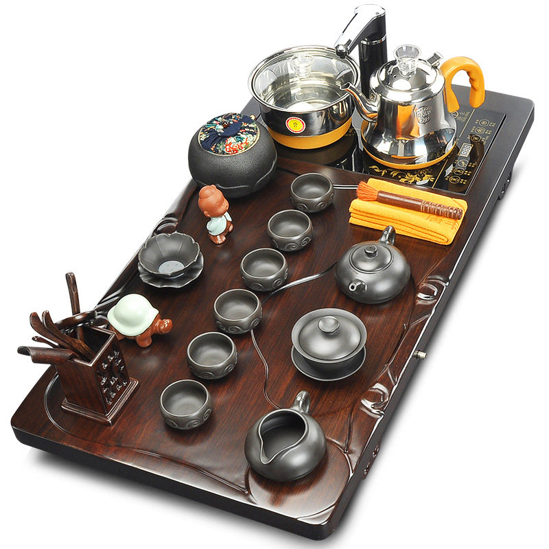 Tang Feng ceramic purple kung fu tea set suit household contracted and I Chinese style restoring ancient ways of a complete set of solid wood tea tray cups