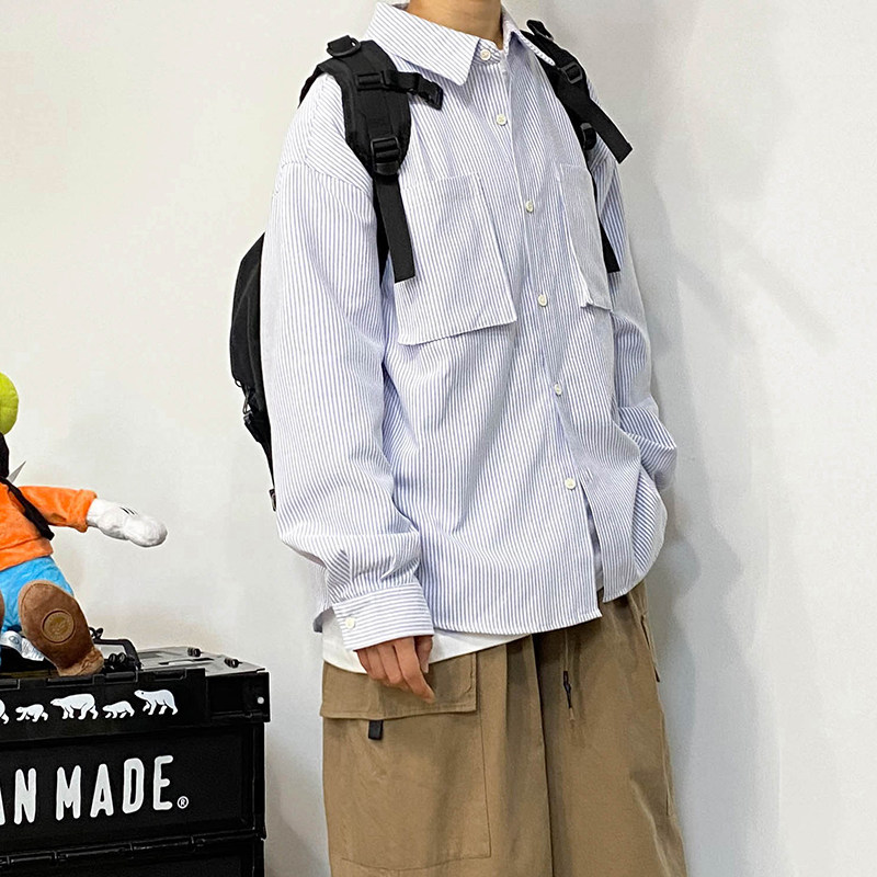 2021 Spring Days Department Retro Salt Department Cubism Solid Pocket Tooling Loose Light Blue Striped Shirt Male long sleeves Nets