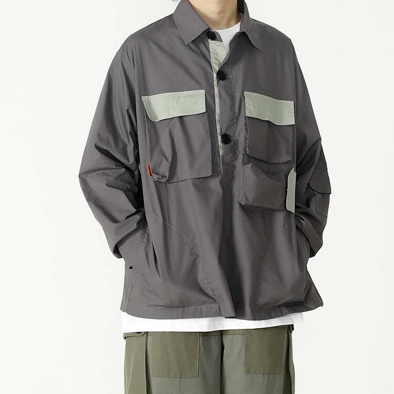 RCMAN Day ensemble American Coloured Grey Shirt Multi-Pocket Tooling Sleeve Head Retro Male and female inserts Lining Coat-Taobao