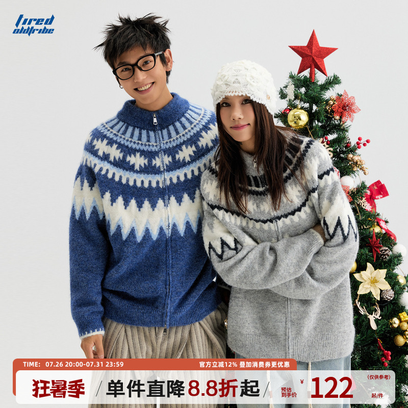 Tired American-Style Couple's Fair Isle Cardigan Sweater, Autumn and Winter Mohair Christmas Knitwear Jacket Top