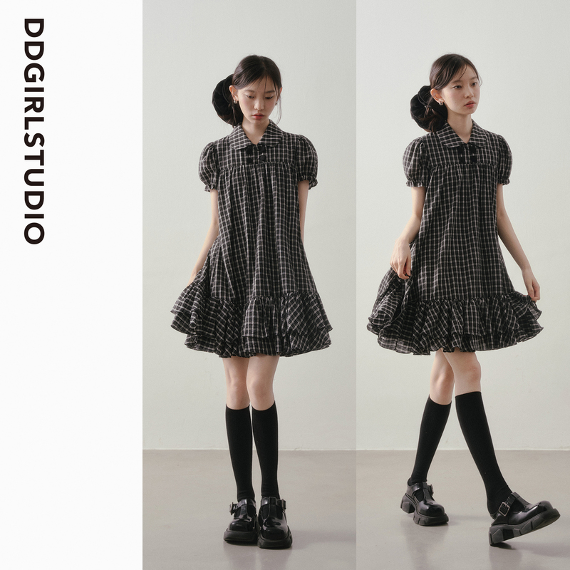 Ddgirl's "Black Curtain Monologue" Sweet and Cool Preppy Style Patterned Doll Collar Puff Sleeve Ruffled Loose Dress Ddgirl's "Black Curtain Monologue" Sweet and Cool Preppy Style Patterned Doll Collar Puff Sleeve Ruffled Loose Dress