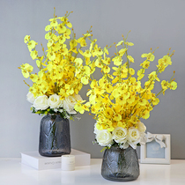 Simulation Yellow Dancing Lan White Rose Fake Silk Flowers Light Luxury Grey Glass Vase Art Guest Restaurant Table Suit Family Residence Ornaments