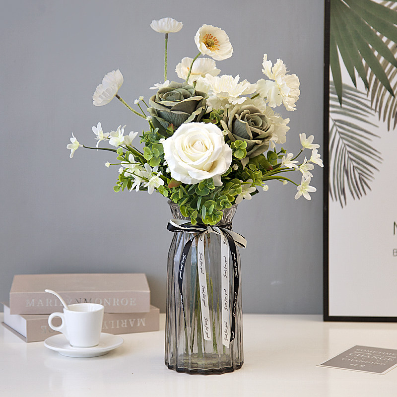 Transparent glass vase emulation white green blue rose floral art suit minimalist living-room dining room Home Ornament Swing