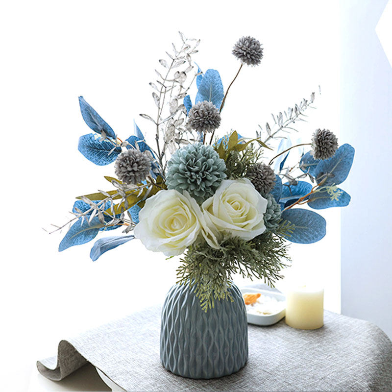 High-end luxury gray dandelion simulation fake flower living room dining room with mesh flower art blue ceramic vase fittings