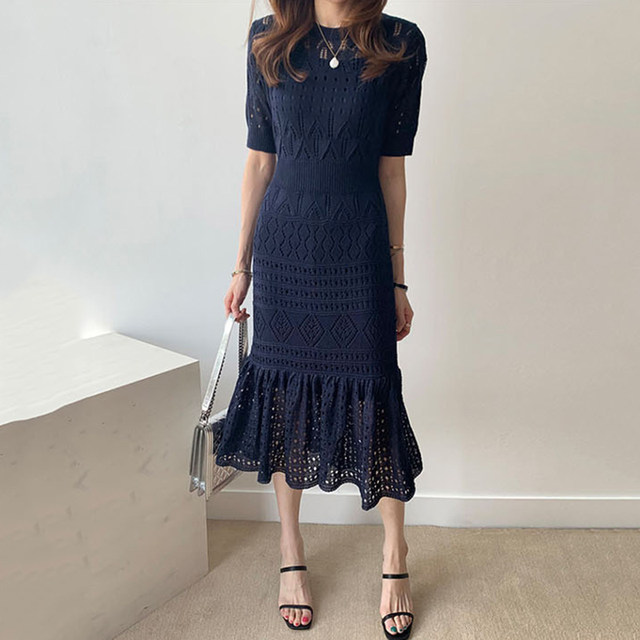 Korean chic ruffled hollow foreign style sweet and age-reducing self-cultivation thin two-piece suit knitted dress summer