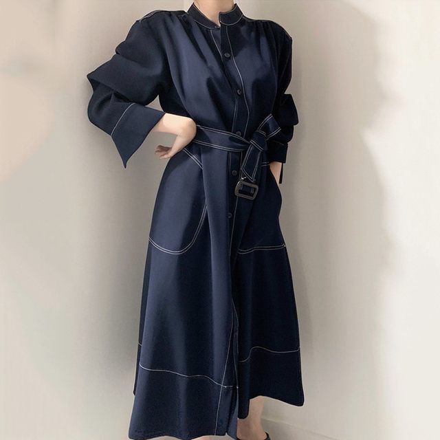 Korean chic minimalist elegant stand-up collar open-line single-breasted loose strap windbreaker dress long skirt