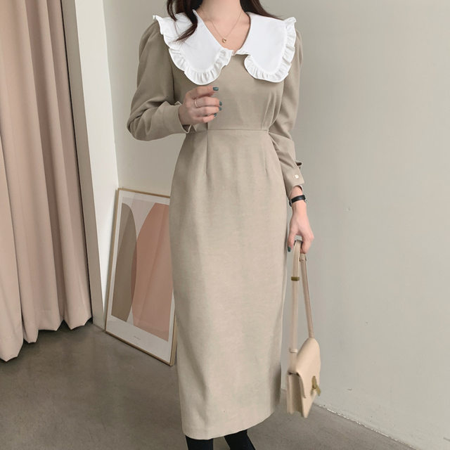 Retro elegant temperament ins Korean color contrast doll collar slim waist fashion dress 2022 autumn new