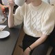 Retro soft waxy all-match bubble short-sleeved round neck sweater short top early spring Korean version of ins heavy industrial hemp pattern