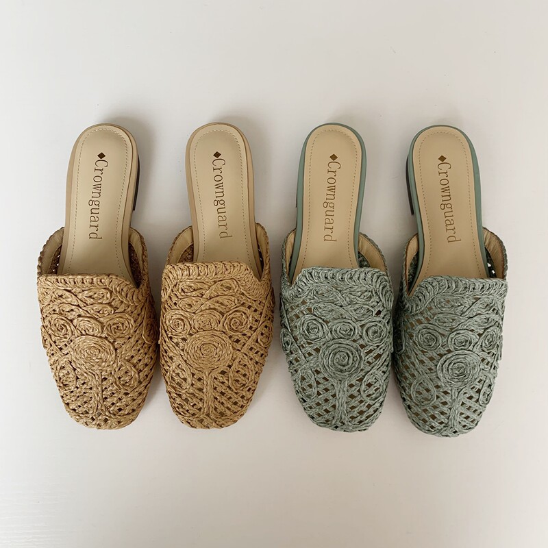 Spanish Pastoral Style French Retro Vacation Lazy Slip-On Clogs Raffia Crochet Sandals