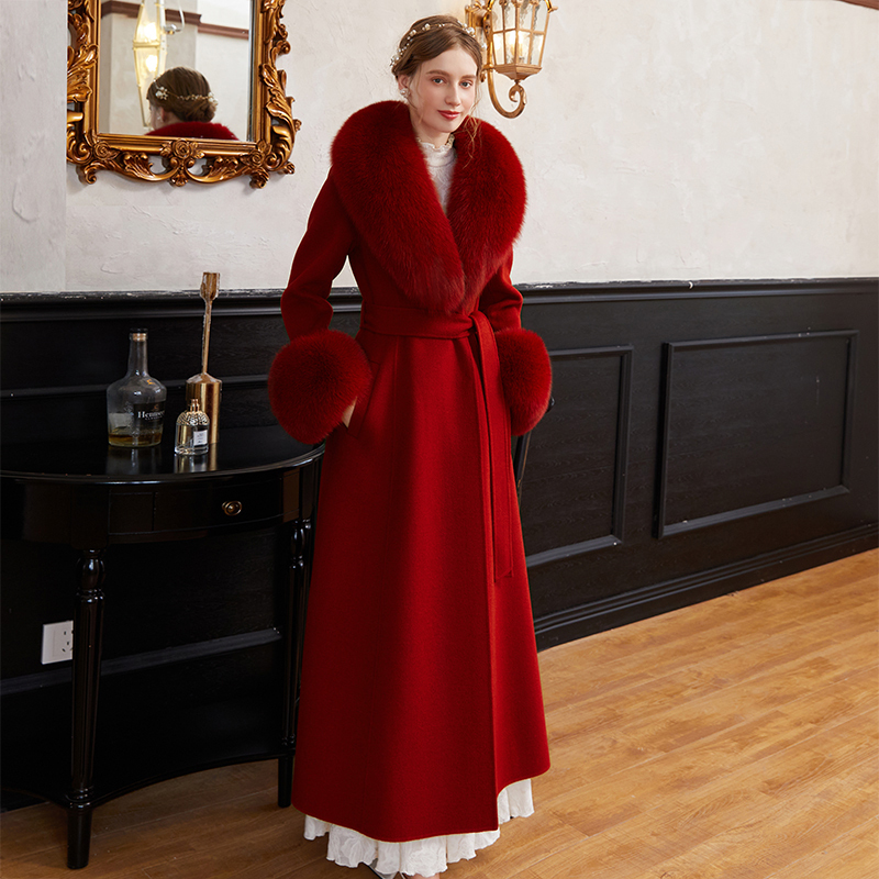 Cashmere Double-Sided Woolen Long Coat Burgundy Fur Fox Large Fur Collar Slim Fit Sheep Wool Coat Cashmere Double-Sided Woolen Long Coat Burgundy Fur Fox Large Fur Collar Slim Fit Sheep Wool Coat