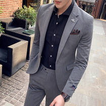 Striped suit Mens suit Korean version Leisure s-up fit Inn handsome New Lang West suit Mens wedding gown