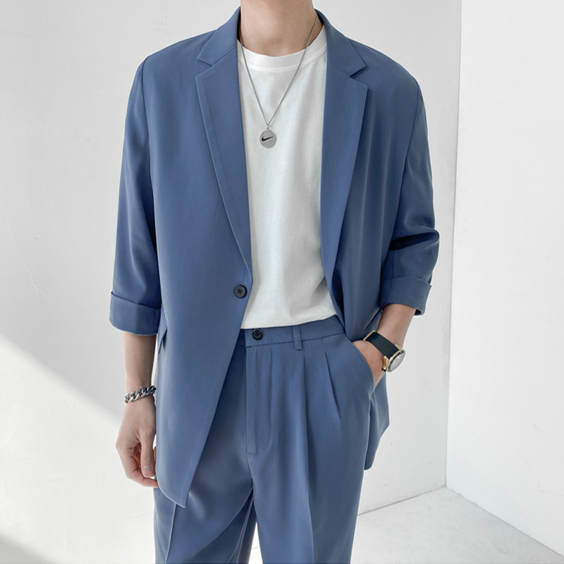 Light Fashioned Men's Summer Thin Seven-point Sleeve Suite Suite with loose Nine-pant Super Costumes Men's Tide