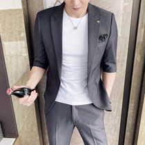Mens casual Western suit suit Summer thin section 70% sleeves Short sleeve hair stylist Light and thin suit Mens handsome set of damp