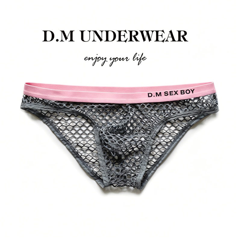 D.M Men's Underwear Low-Rise Sexy Large Mesh Breathable Summer Briefs Personalized Letter Sports Youth Transparent