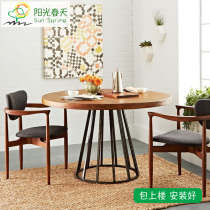 Solid wood Nordic small apartment dining table Round table American loft retro old wrought iron dining table Coffee table Negotiation table