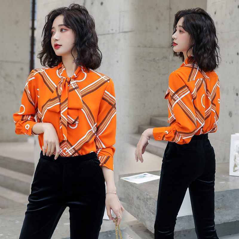 2020 mùa xuân và mùa hè mới hiển thị cung mỏng hình học mô hình thay đổi nội dung giảm áo lão hóa dài tay áo sơ mi nữ Hàn Quốc phiên bản của việc xây dựng cơ thể