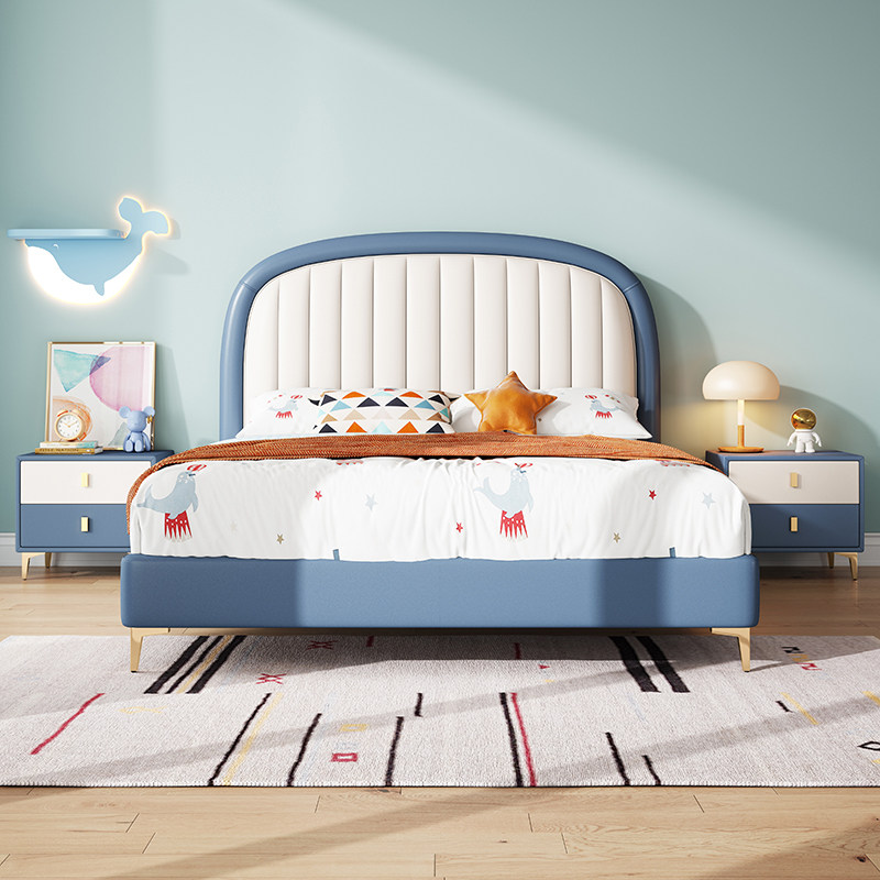 Light luxury leather soft bag children's bed boy blue 2021 new solid wood modern minimalist boys youth leather padded