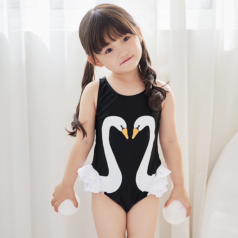 Children's swimsuit girl princess baby black swan swimsuit girl's even body cute little swan edge swimsuit