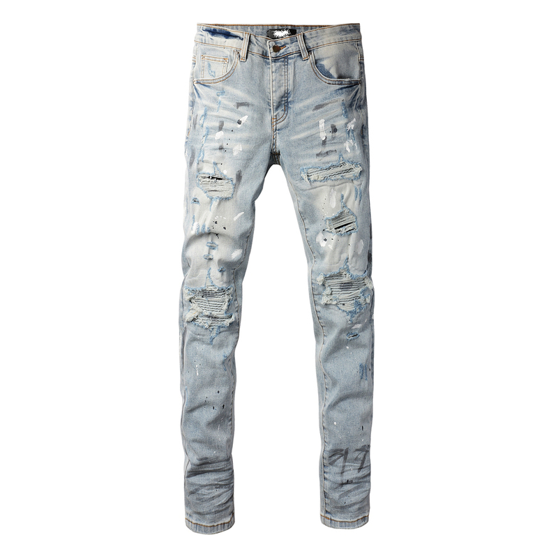 Amr Jeans American High Street Style Splatter Paint Ripped Slim Fit Long Pants Taiyi High Street Ripped Skinny Men's Jeans