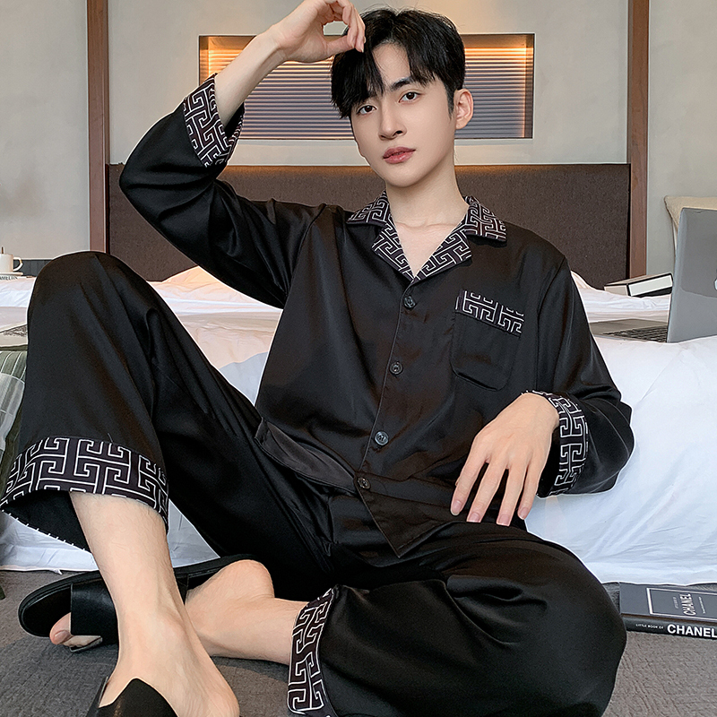 High-End Men's Pajamas, Spring and Autumn Style, Ice Silk Long-Sleeved Black Fashionable Casual Men's Silk Summer Home Wear Set