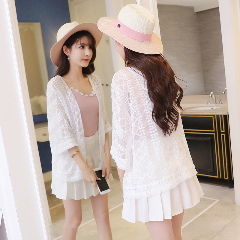 Lace embroidery sunscreen clothes women's summer new Korean version loose shawl thin coat tassel top Chiffon cardigan fairy