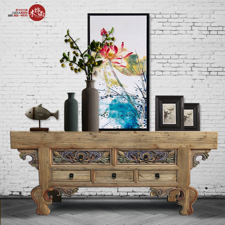 Imitation classical carved 5-drawer table solid wood dining side cabinet original wood color hand-painted hotel clubhouse big for bill exit