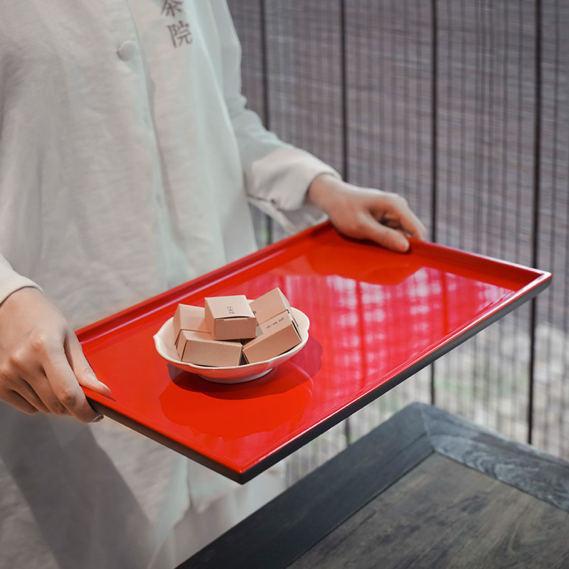 tens of thousands-Hall tea tray Dry tea tray Home Tea Desk Mobile Kettle Bearing import Large red lacquer Dish Zhu Lacquer 02-square pan