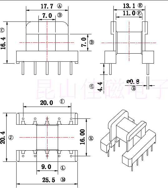 EE25 Horizontal 5 5 row distance 16 pin distance 20 skeleton