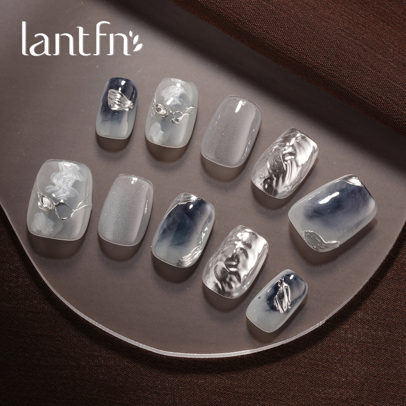 Ltf Original [Silver Tide Crossing the Sea] Handmade Wearable Nails Short Style 2026 Glacier Blue Gray Liquid Metal Nail Art