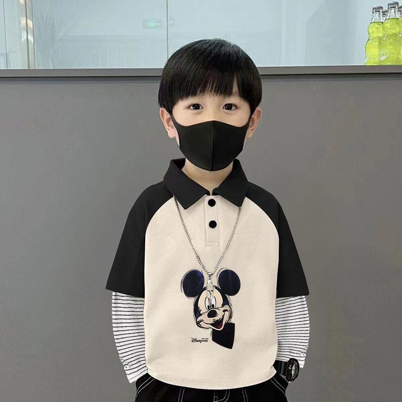 2025 New Boys' Color-Blocked Turn-Down Collar Fake Two-Piece Long-Sleeve T-Shirt with Striped Patchwork Base Shirt for Autumn and Winter Ins
